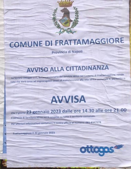 AVVISO DI INTERRUZIONE IDRICA PER IL GIORNO 23 GENNAIO 2023